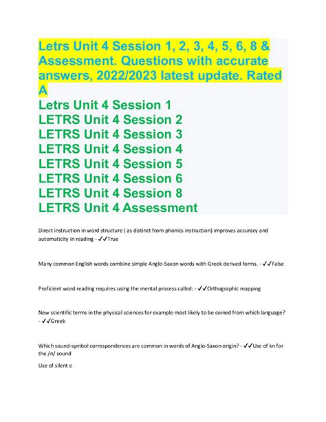 LETRS Exam (elaborations) LETRS Unit 4 - Session 1- 8 Verified 100 Correct Answers Course LETRS Institution University Of Utah Proficient word reading requires rapid recognition of all relevant layers of word structure in a mental process called . . Letrs unit 4 session 4 quiz answers